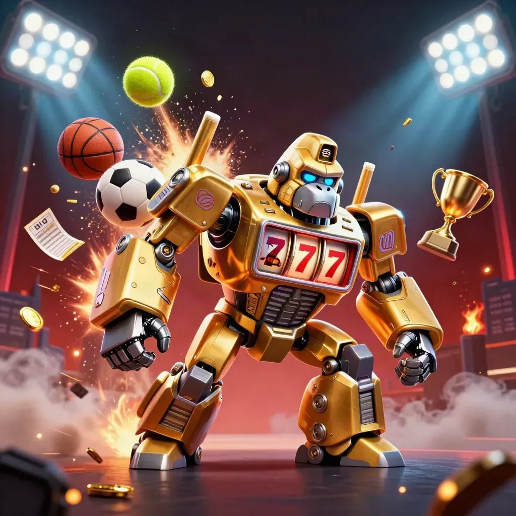 Gorilla mech dorato con sfere sportive e luce stadio, scena casino dinamica