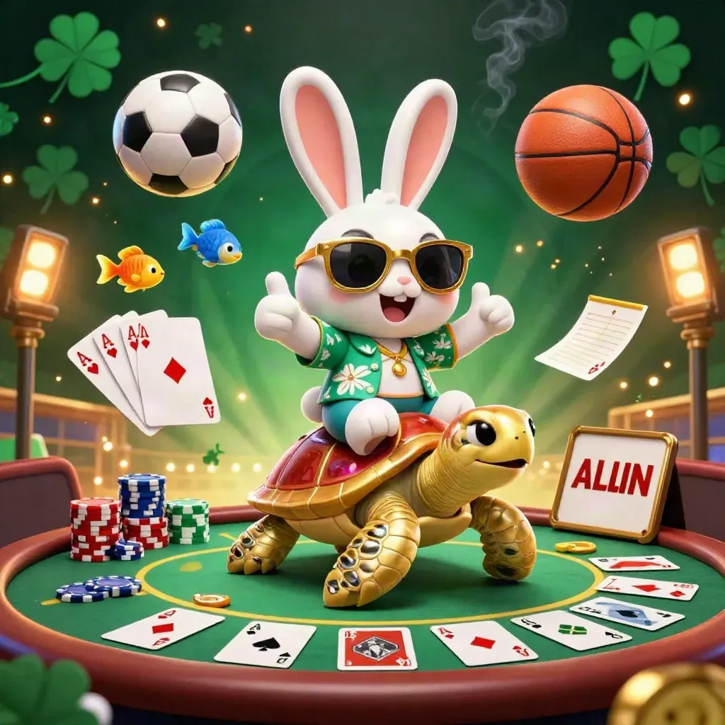 Coniglio lucky su tartaruga dorata tra carte, fiches, pallone, basket e luci verdi.