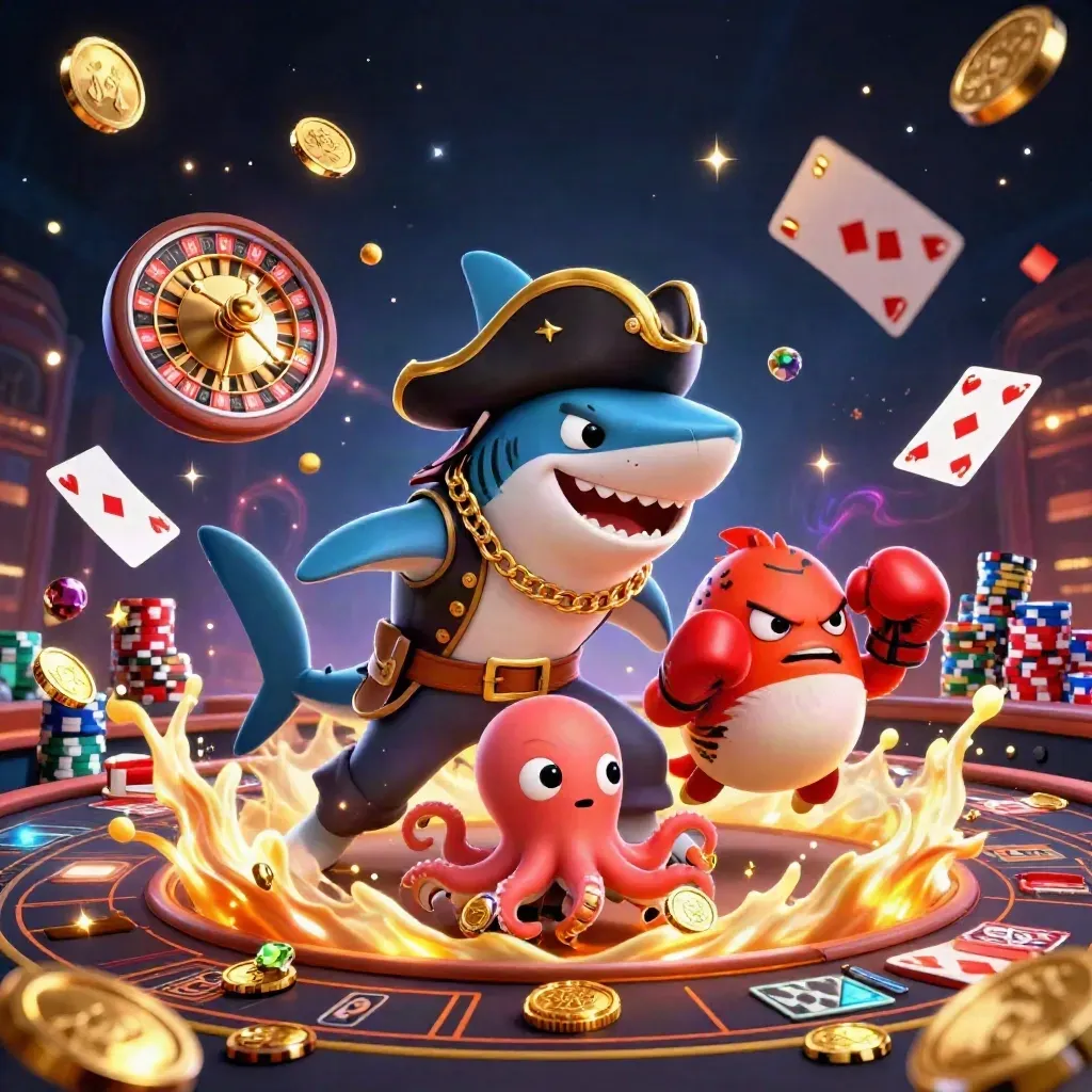 Squalo pirata, pesce palla e polpo tra monete d’oro, roulette e luci lussuose.