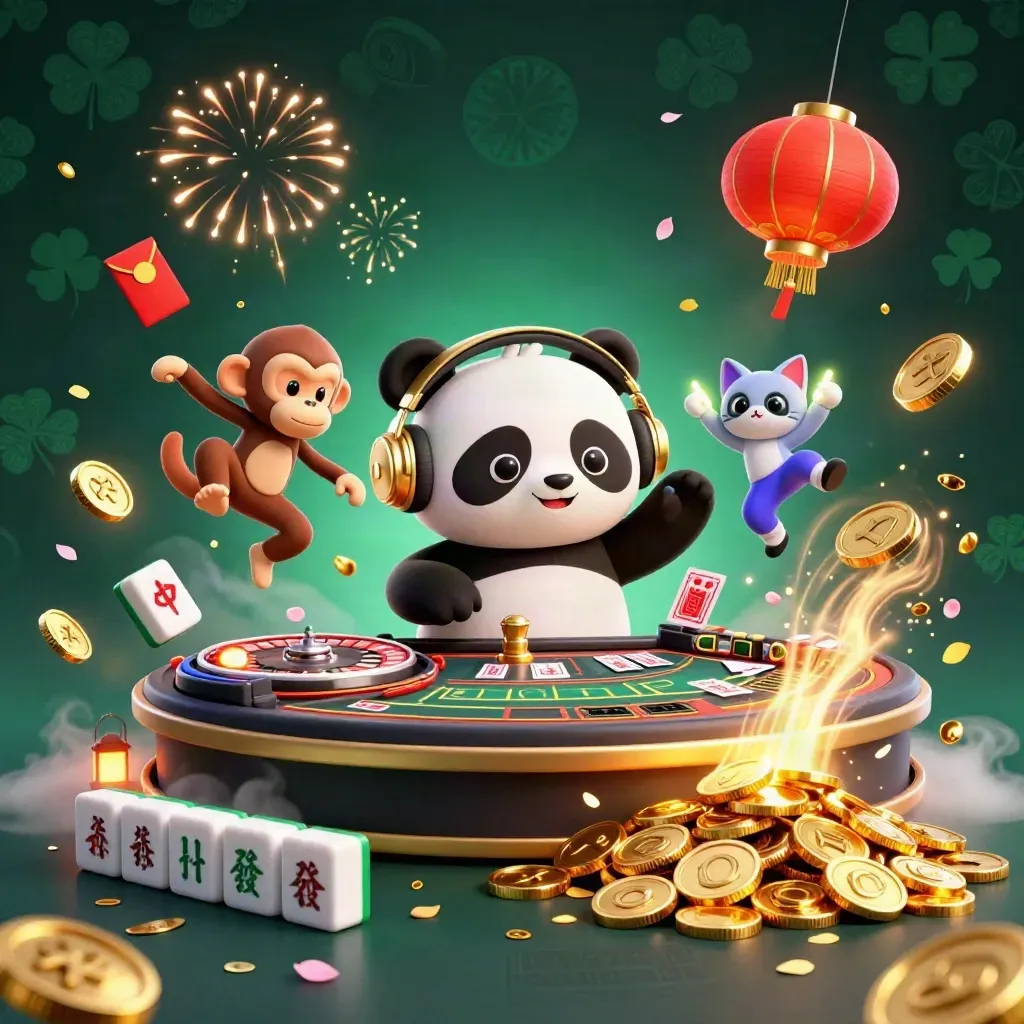 Panda DJ, scimmia e gattino tra monete d'oro, tavolo da casino, lanterne e fuochi nel verde scuro