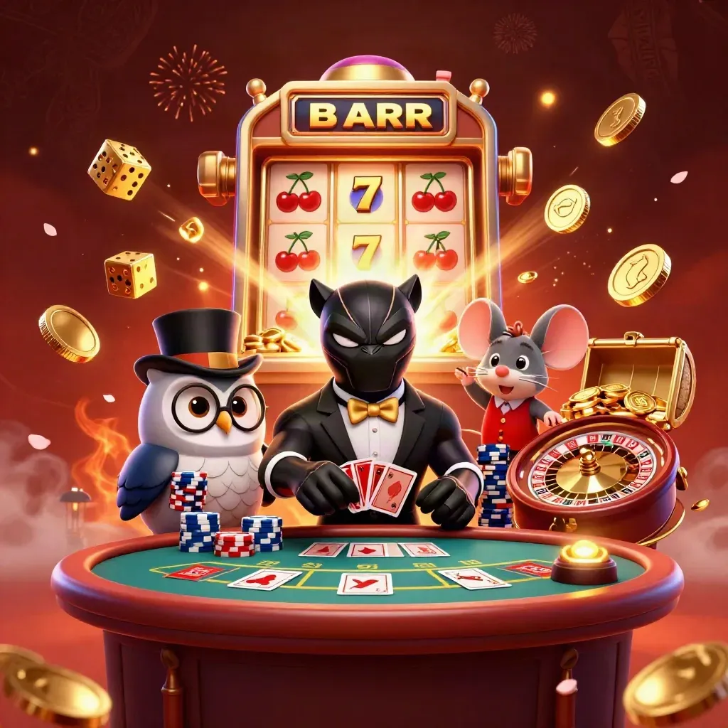 Pantera, gufo e topo tra slot, monete, carte e fuochi d’artificio in stile casino luxe